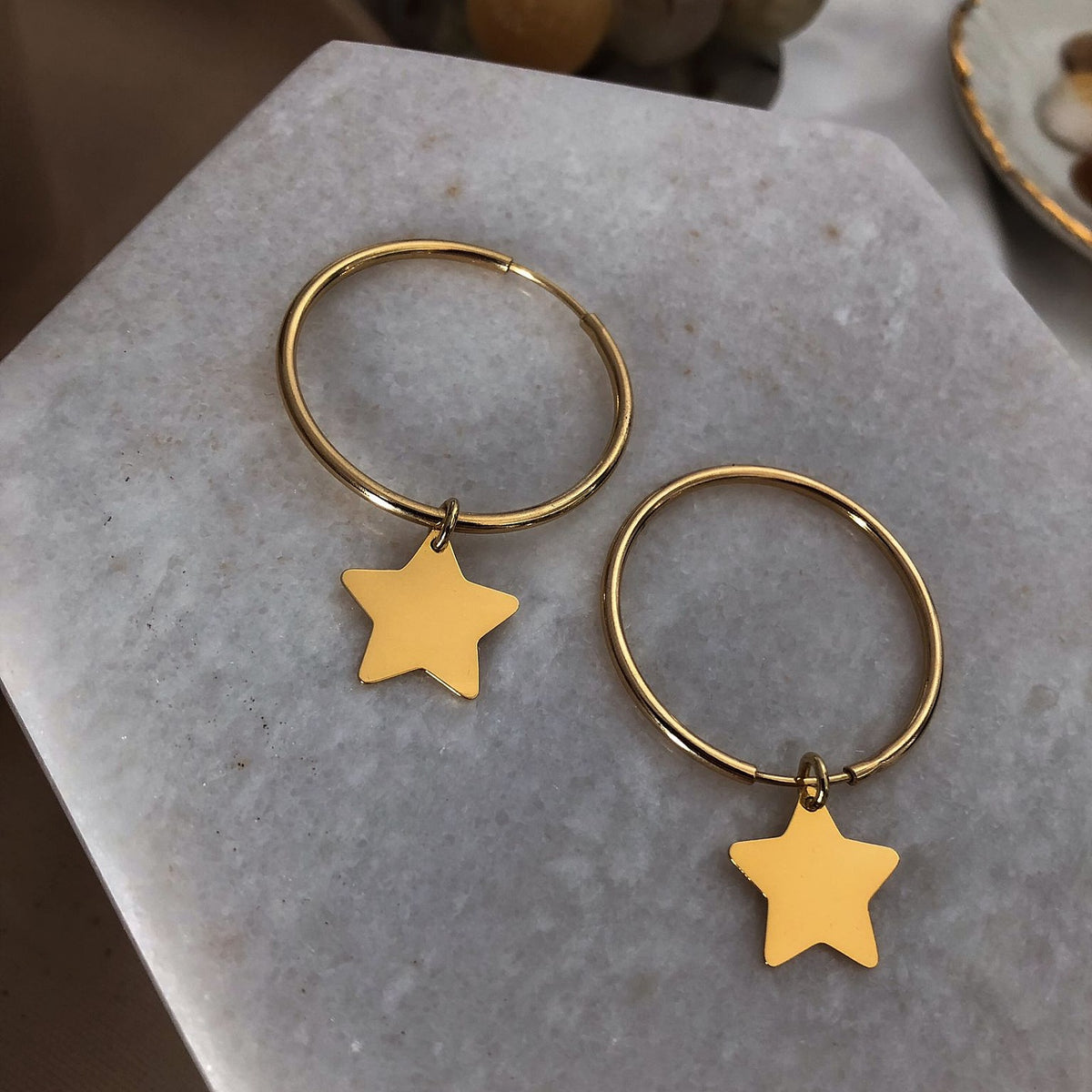 Cercei rotunzi argint creole Lucky Star - placati aur galben 18K