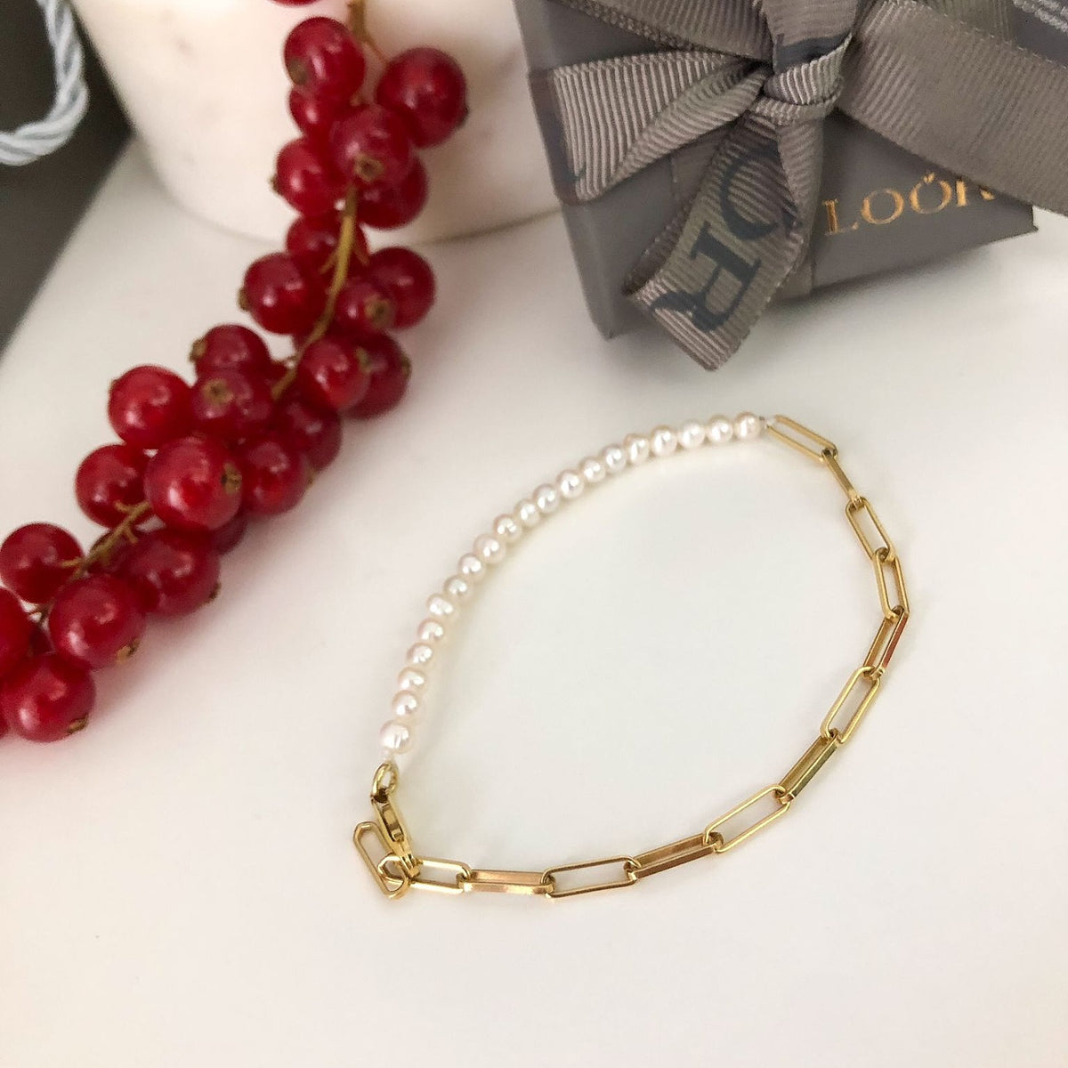 Bratara lant argint si perle Your Way - placata aur galben 18K