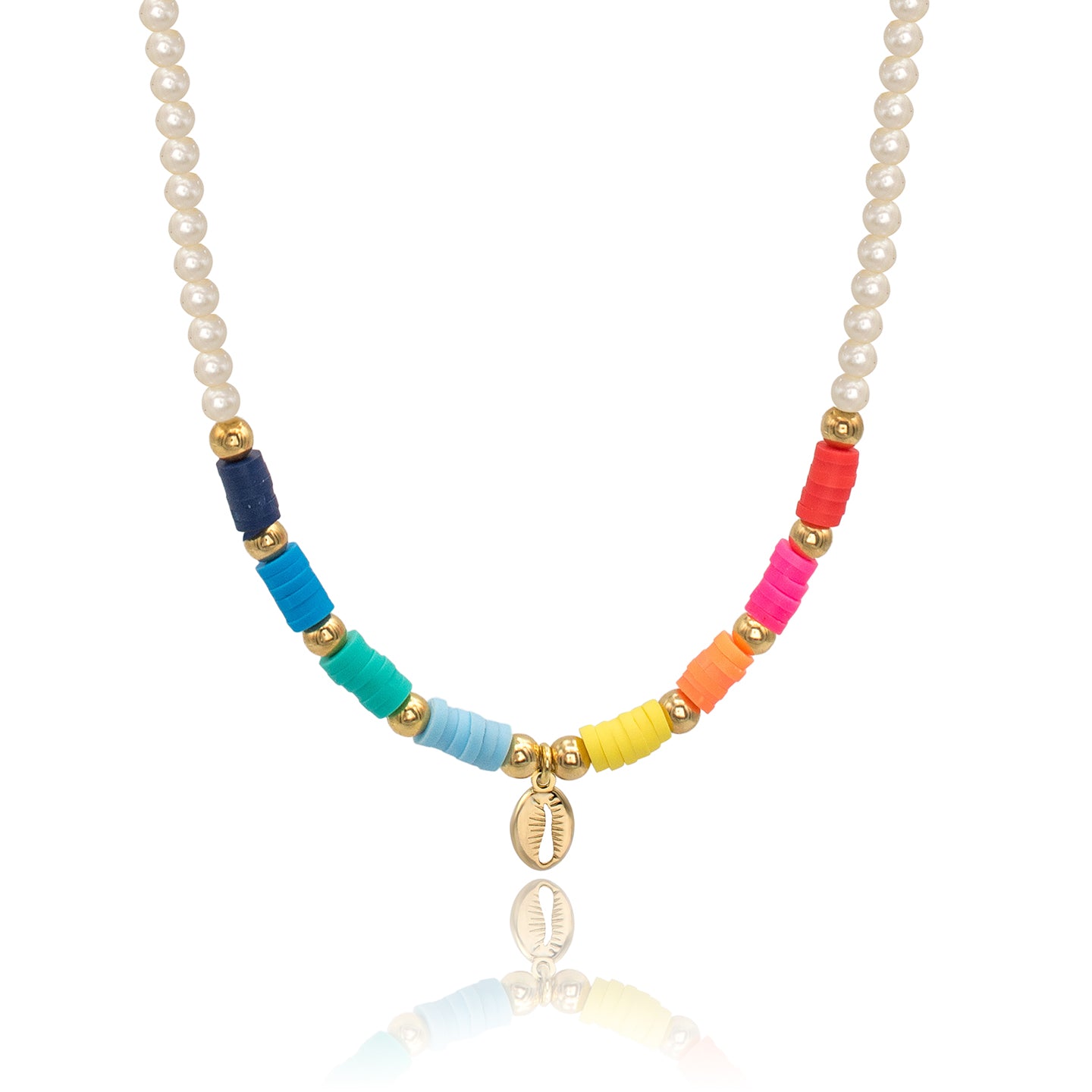 Colier perle argint si scoica Colored Seashell - placat aur galben 18K