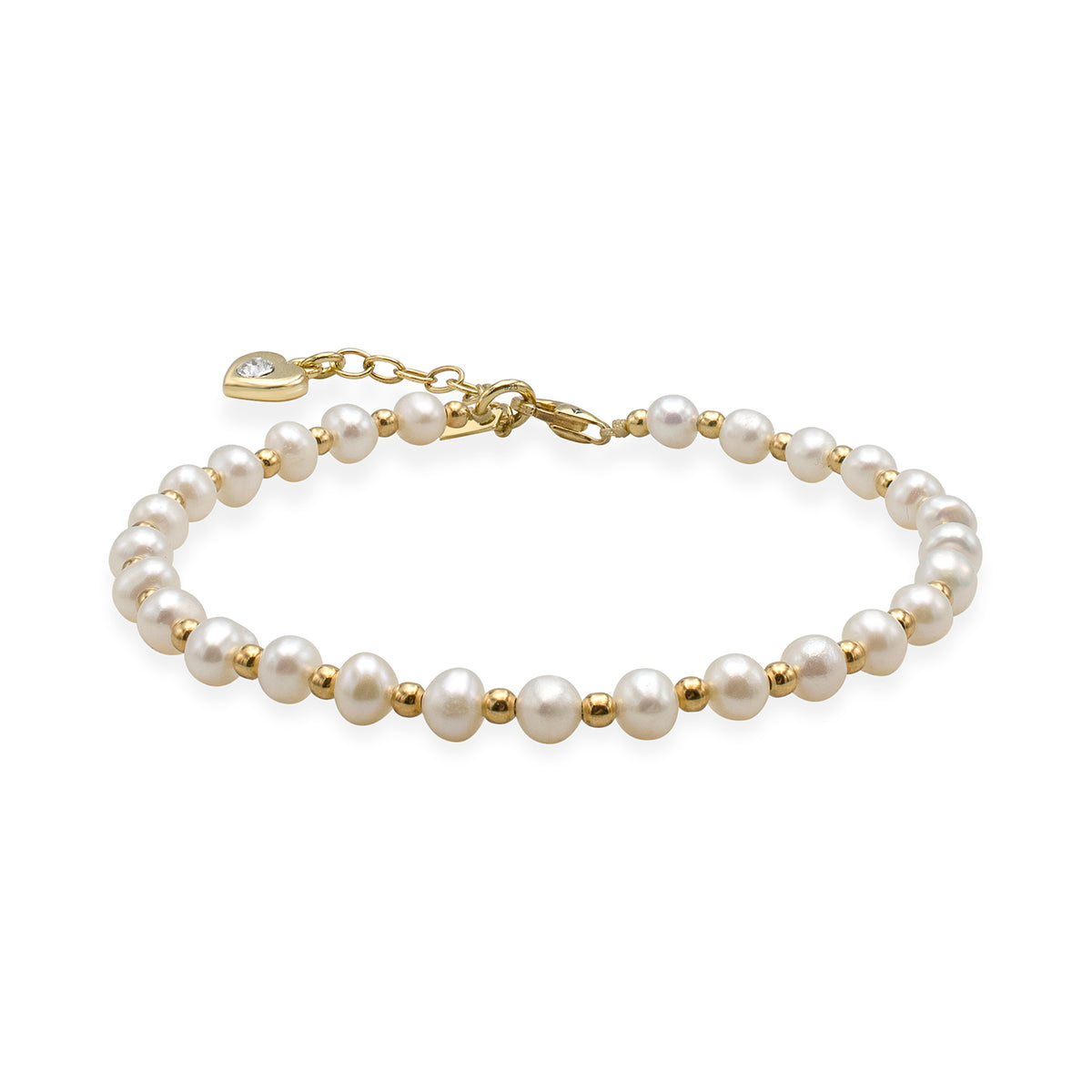 Bratara perle si bilute argint Heart Pearl - placata aur galben 18K