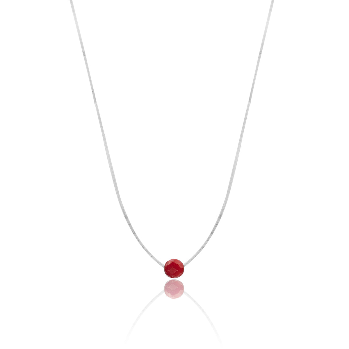 Lantisor cu fir transparent argint Red Coral Stone - placat aur galben 18K