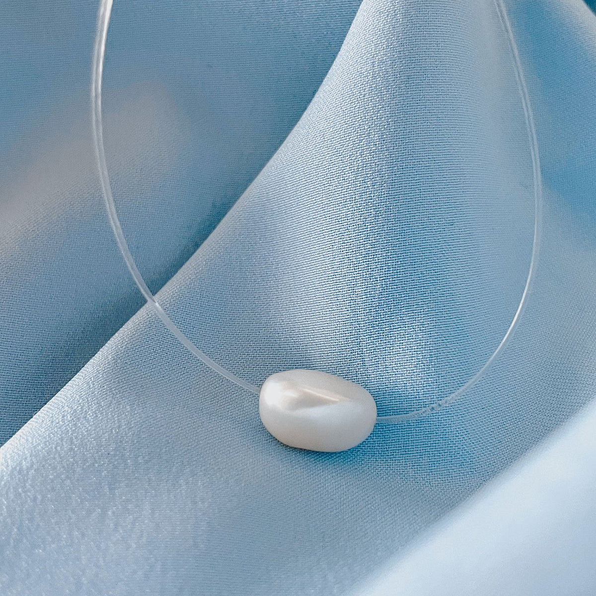 Lantisor cu fir transparent argint si perla Magic Pearl - placat aur galben 18K