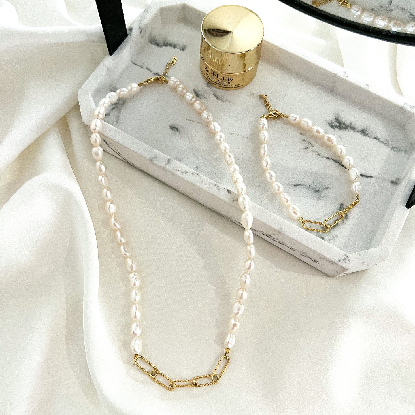 Bratara perle si lant argint Creative Mind - placata aur galben 18K