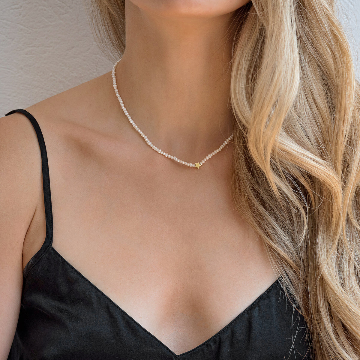 Colier perle argint cu stea Pearl Star - placat aur galben 18K