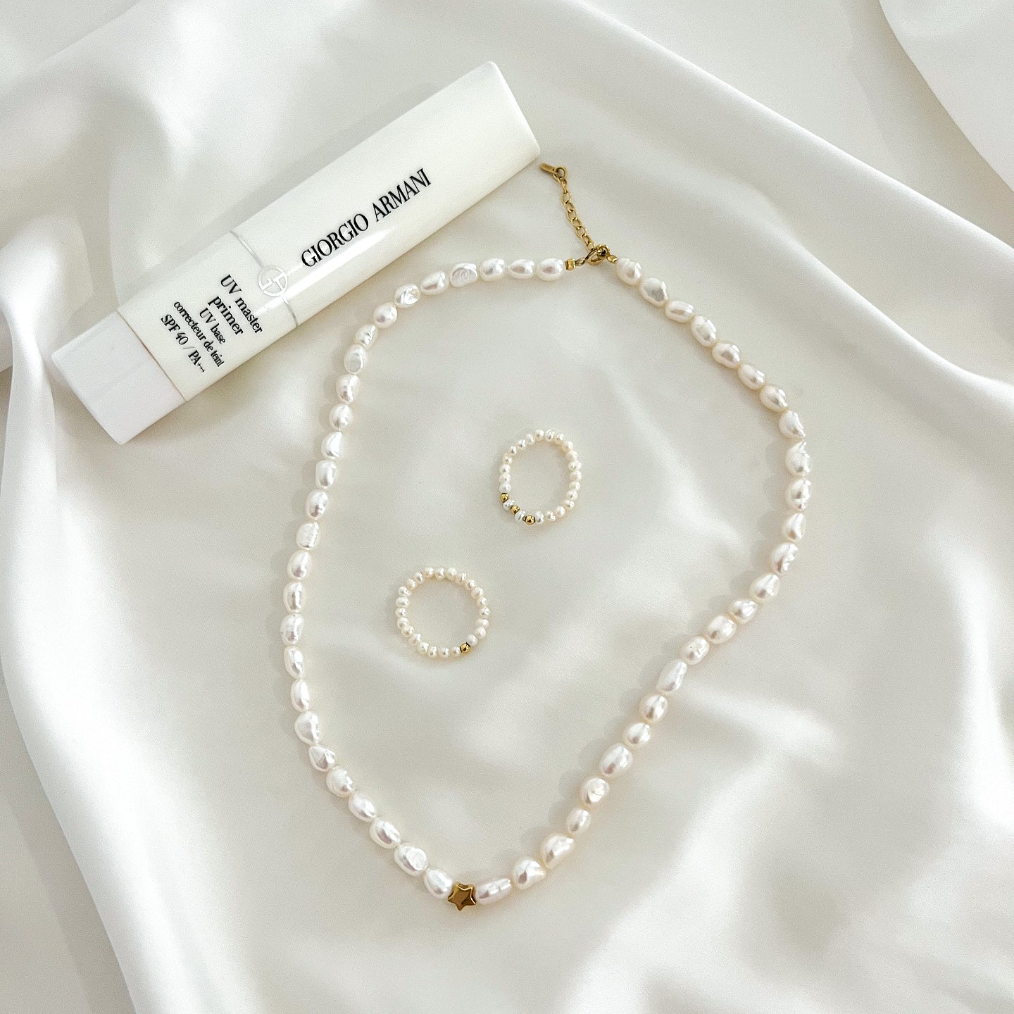 Inel perle cu bilute argint Three Steps - placat aur galben 18K