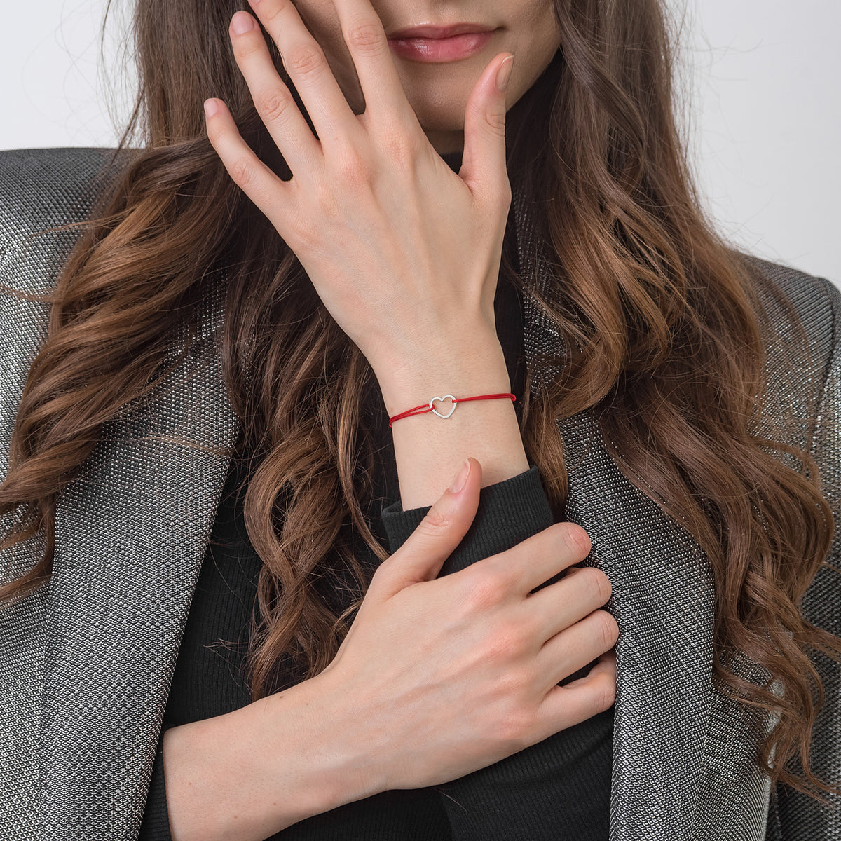 Bratara Martisor Argint 925, snur rosu si inima